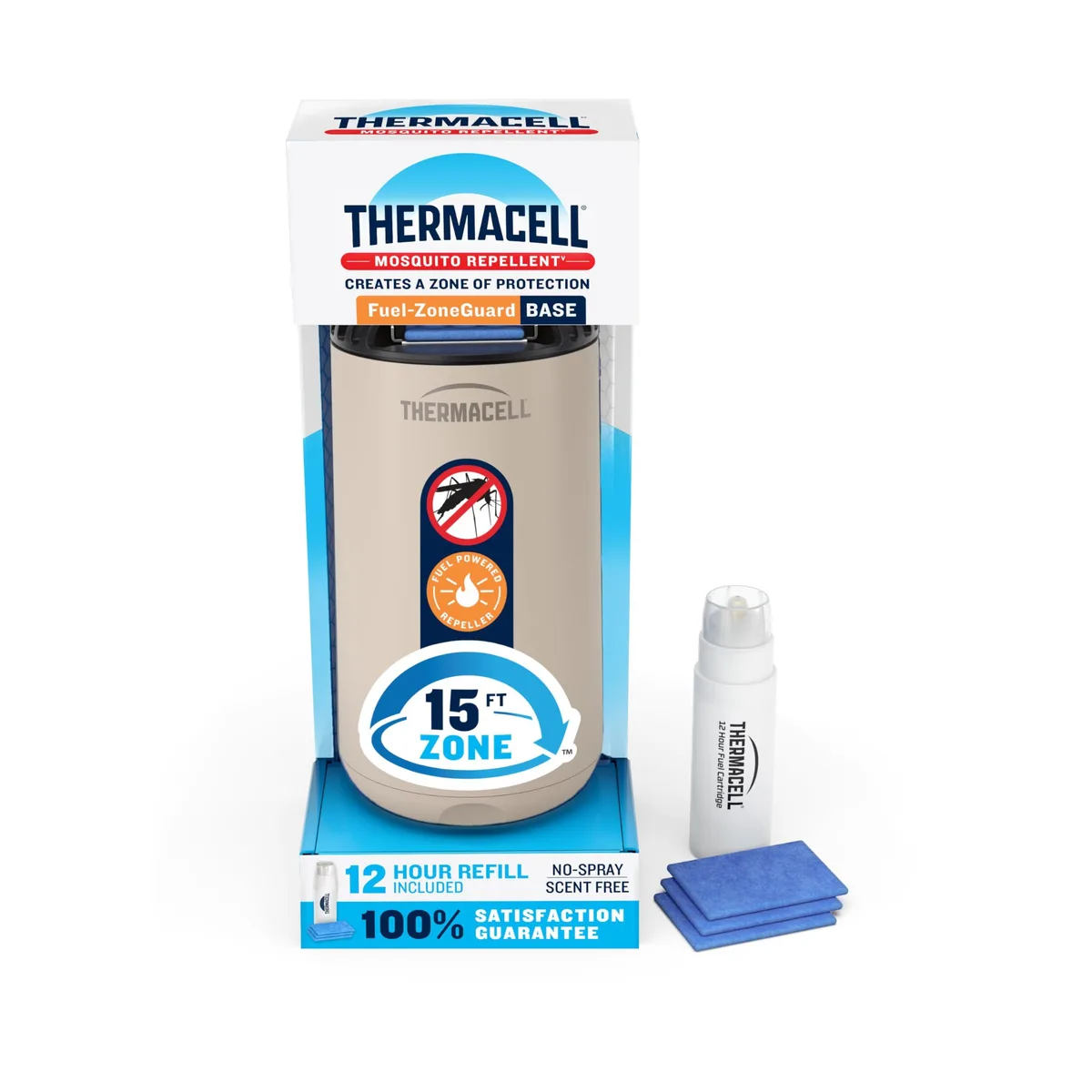 Linen coloured patio mosquito repeller with fuel cartridge and refill mats