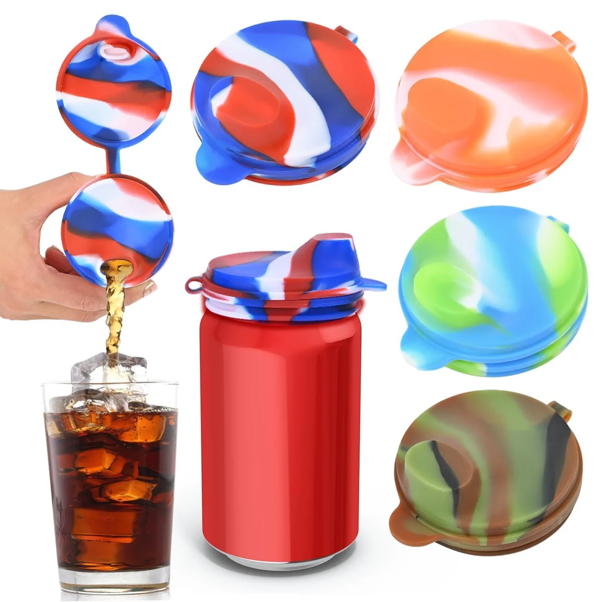 Four round silicone can covers in assorted colours, each with a central drinking spout