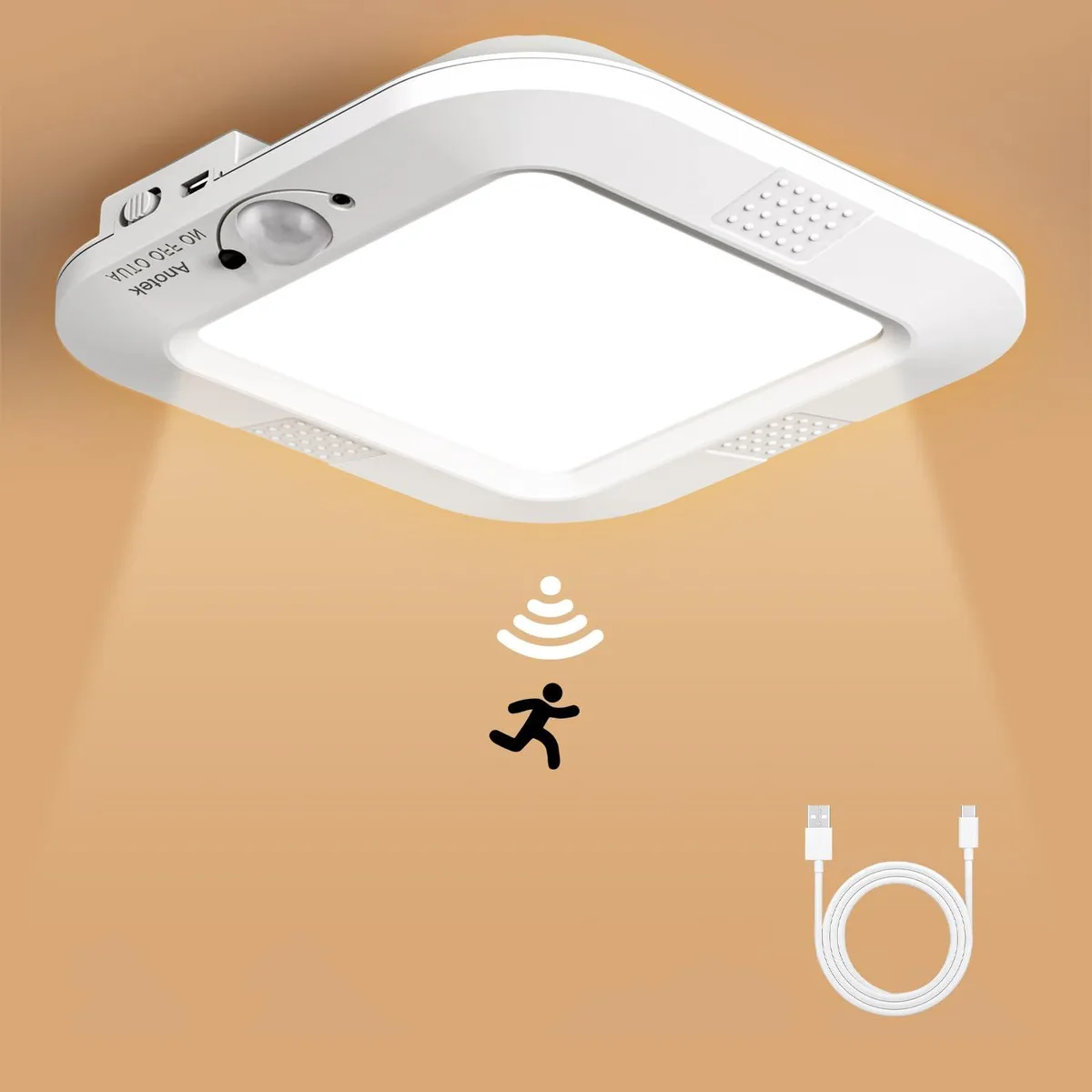 Round white plastic motion-sensor LED ceiling light with USB-C port, 5.9 inches diameter