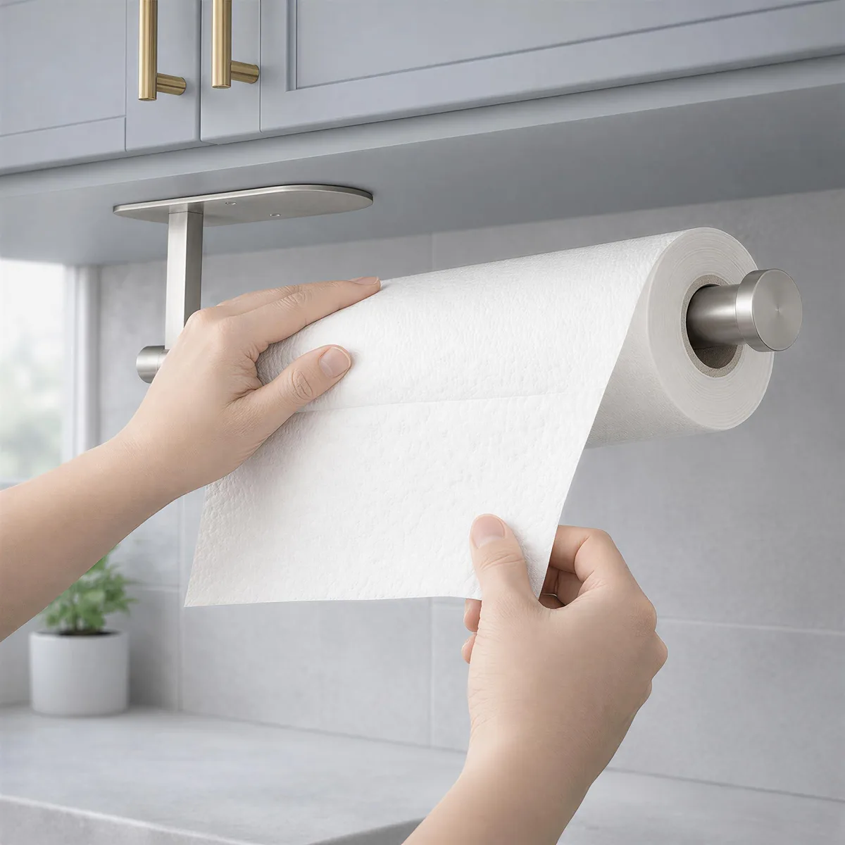 L-shaped SUS304 stainless steel paper towel holder with adhesive strip and screws