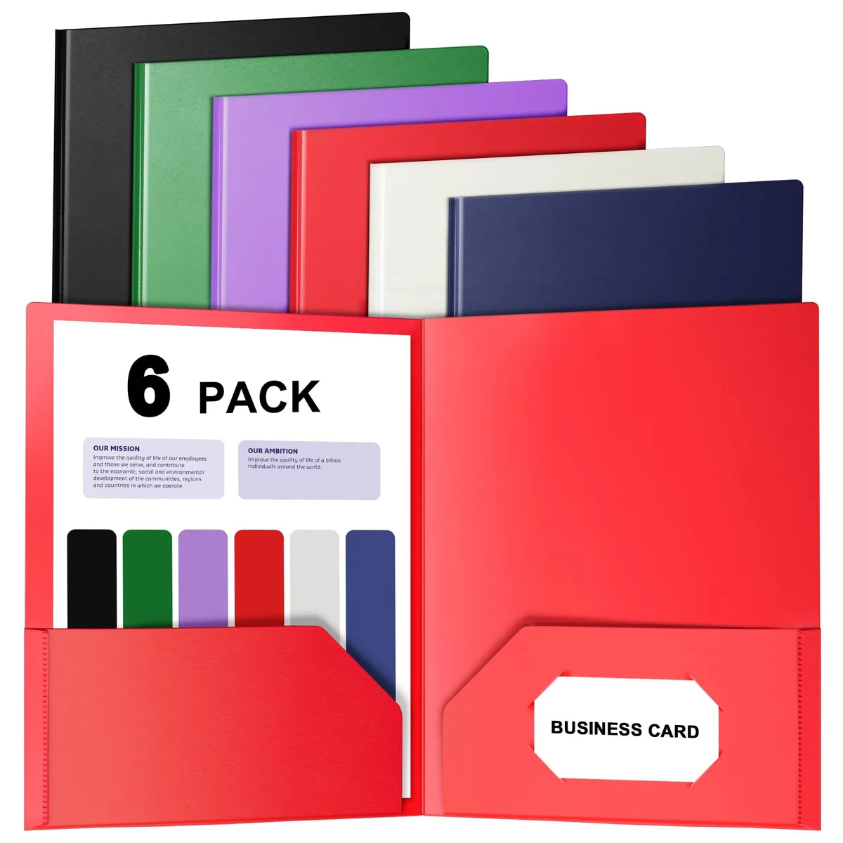 Six assorted-colour plastic pocket folders, letter size, smooth finish