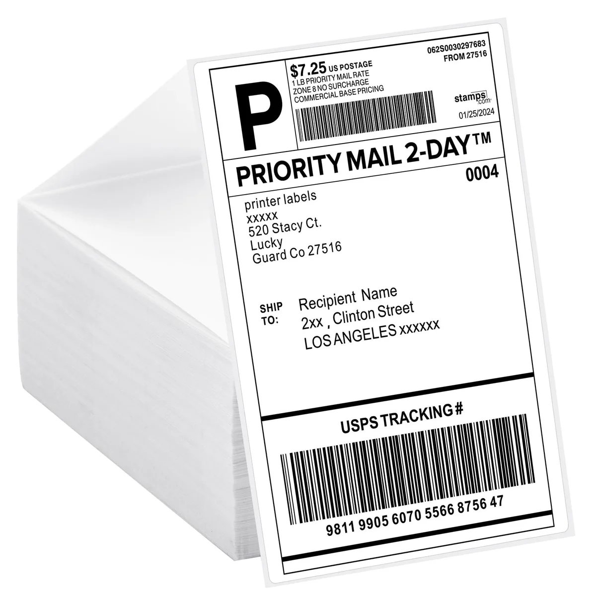 White rectangular thermal labels in a fanfold stack of 500