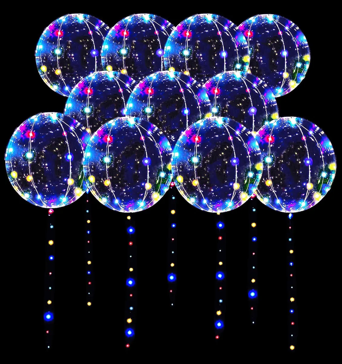Ten clear 20-inch TPU balloons with blue LED string lights coiled inside