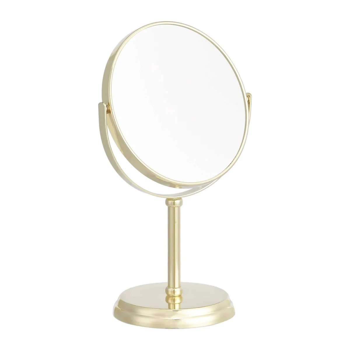 Round gold-finish vanity mirror on tabletop stand, double-sided with 1x and 5x magnification, 360-degree rotation