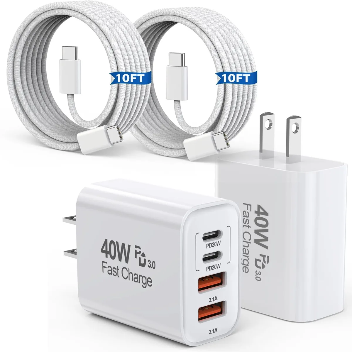  Dazana 2-Pack 10FT USB-C to USB-C Braided Cable with 40W 4-Port Charger — product photo