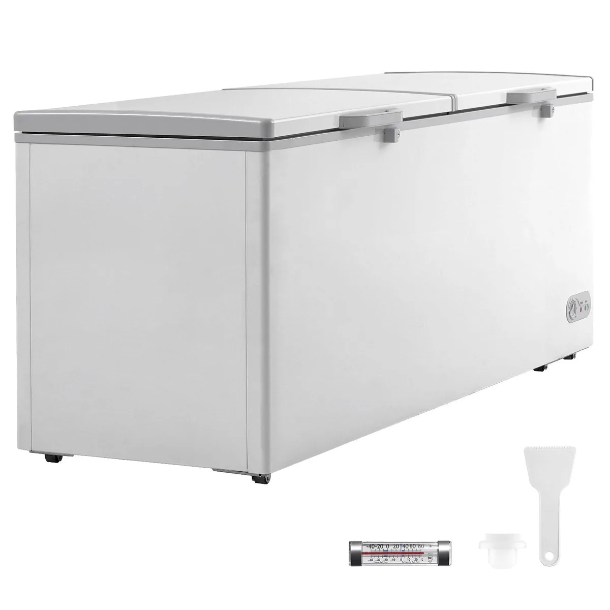 Large white chest freezer with split double lids, four wire baskets inside, six wheels underneath, LED light visible