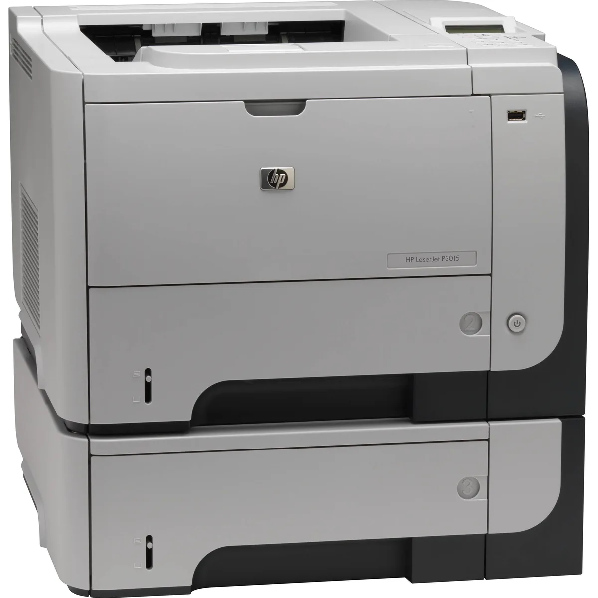 White rectangular office laser printer with lower paper tray module, front control panel and output bin visible