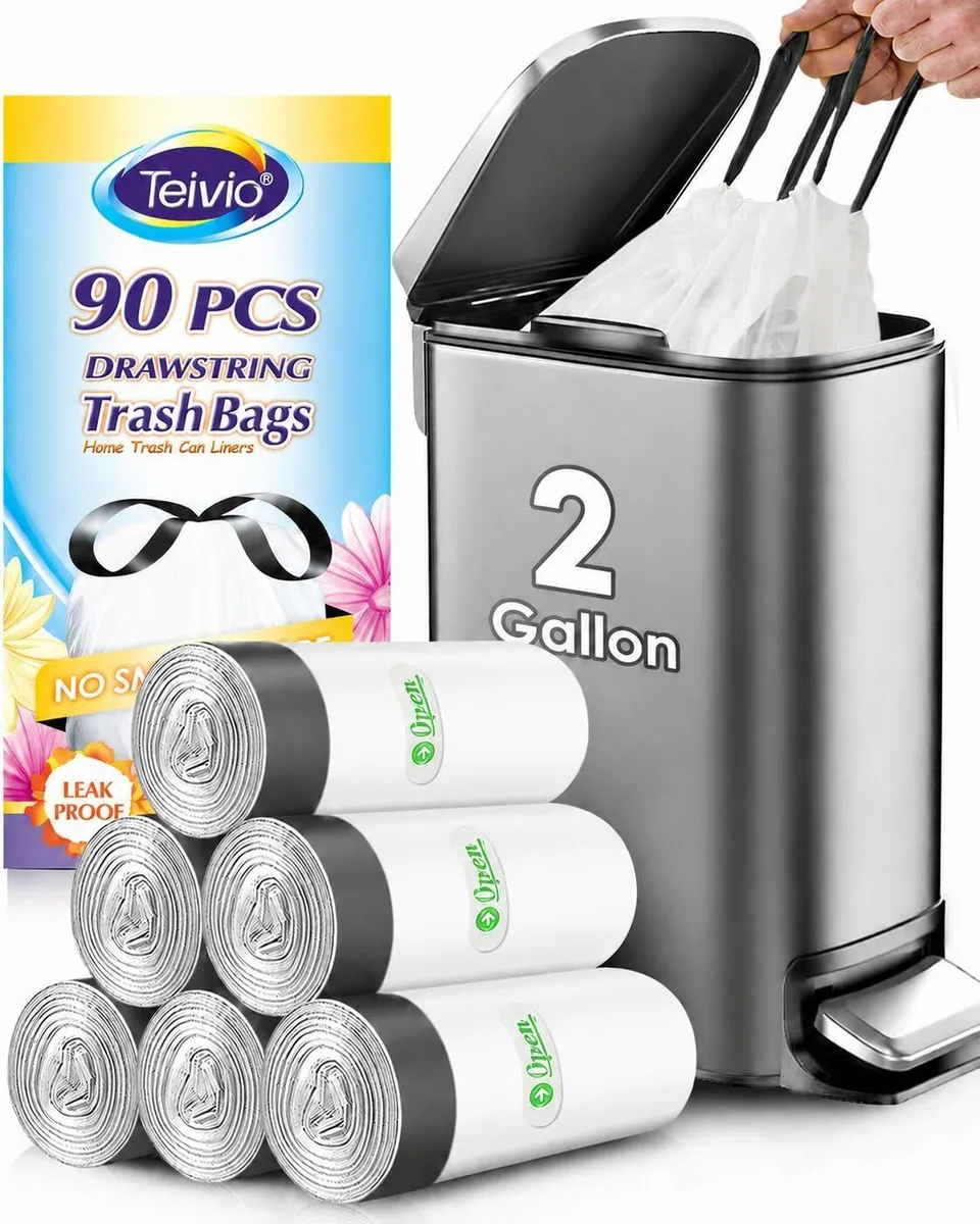 Teivio 2 Gallon White Drawstring Trash Bags 90 Count — product photo