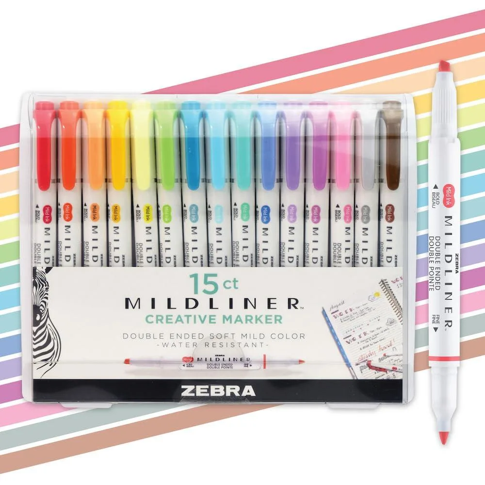 Boxed set of 15 dual-tip highlighters with chisel and fine points in assorted colors