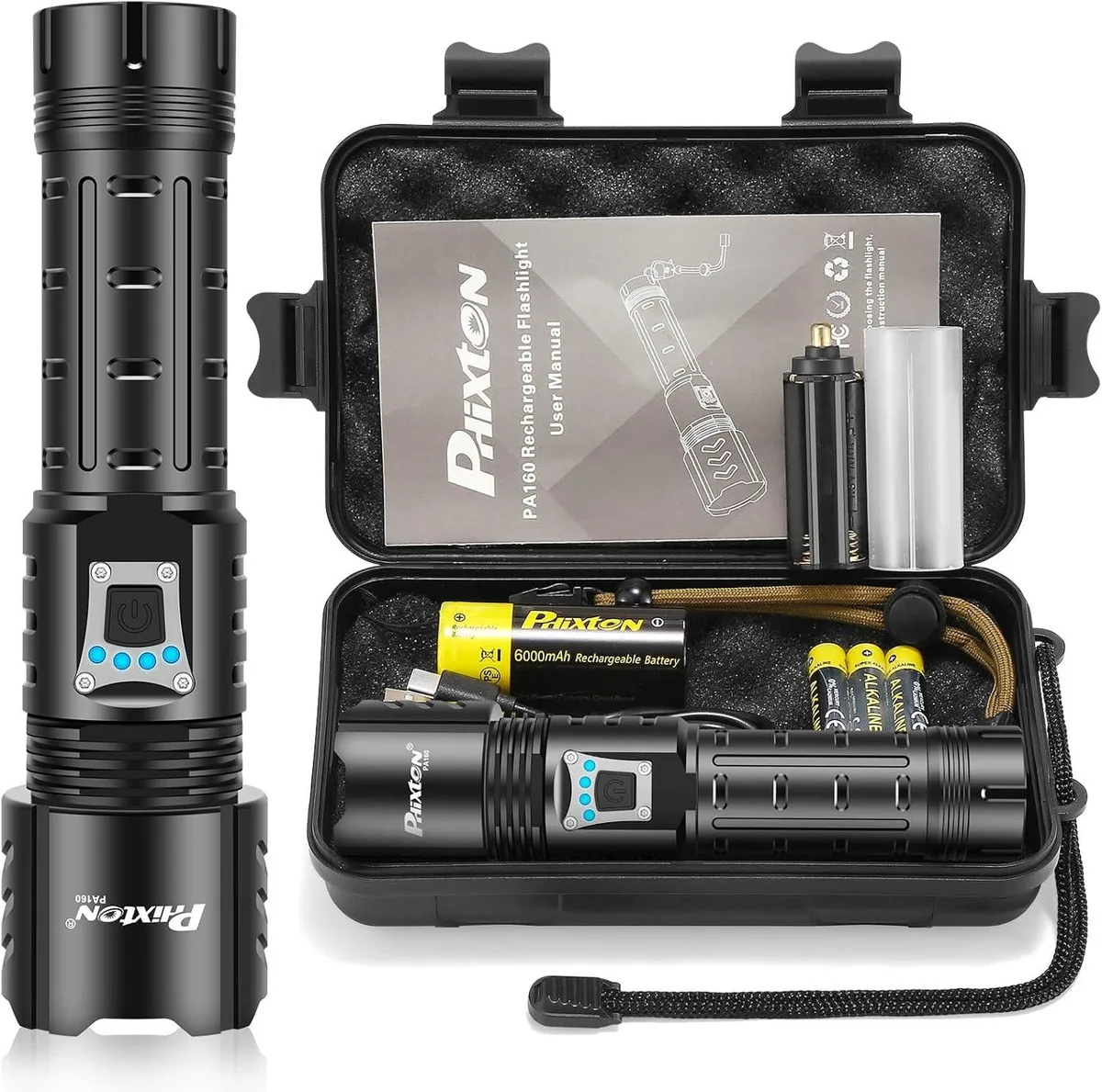 Black cylindrical flashlight with textured grip and USB-C port
