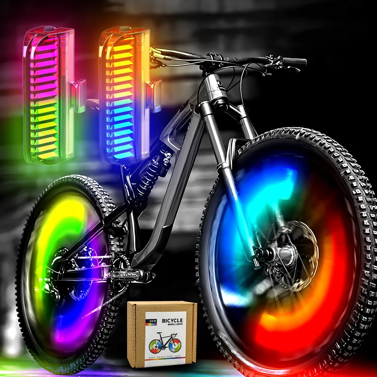  Hollywood Racks Bike Wheel Lights Rechargeable 2-Pack 100 Lumens Waterproof Motion Sensor 7-Color Silver — product photo