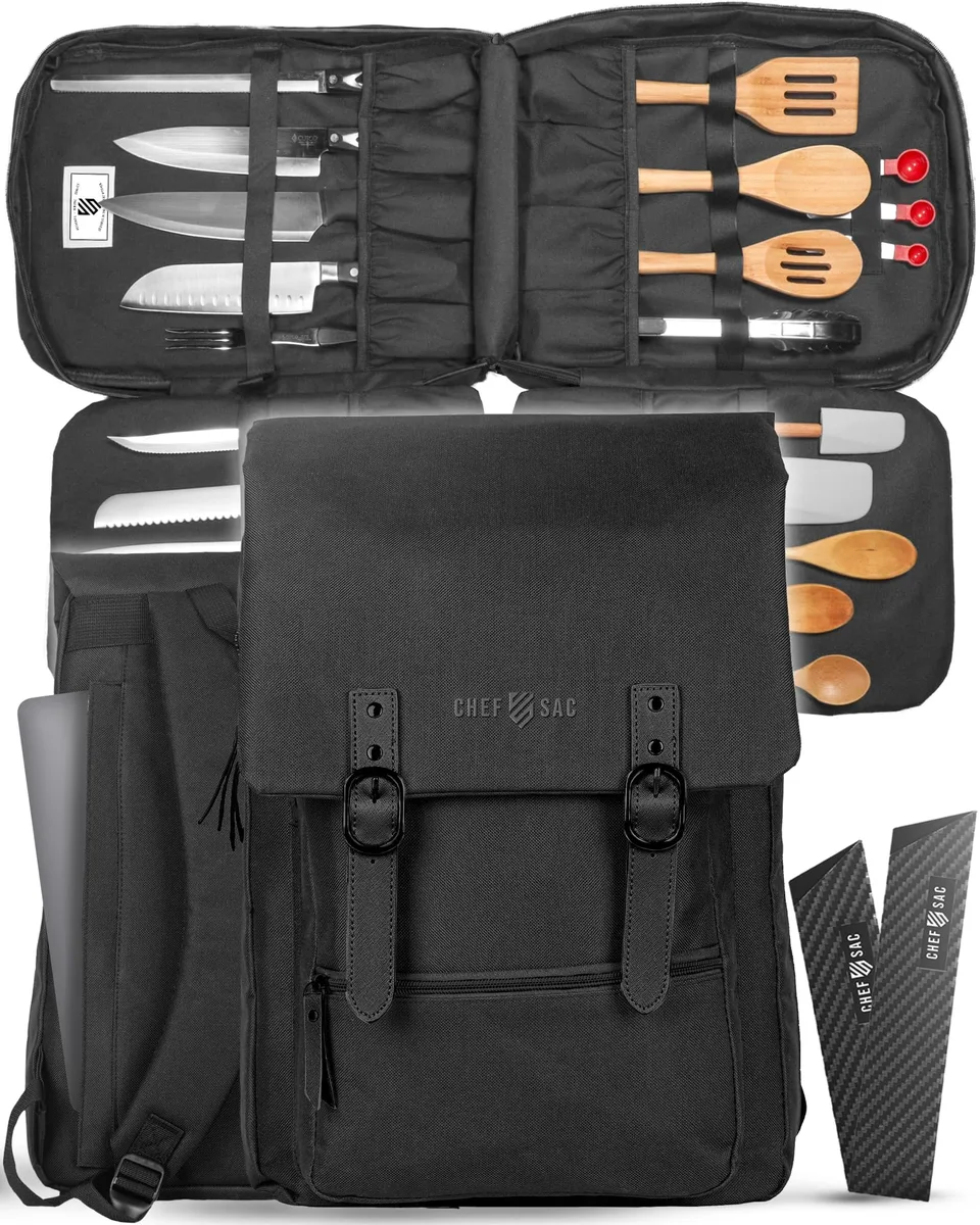 Black polyester chef knife backpack with padded straps and multiple external pockets