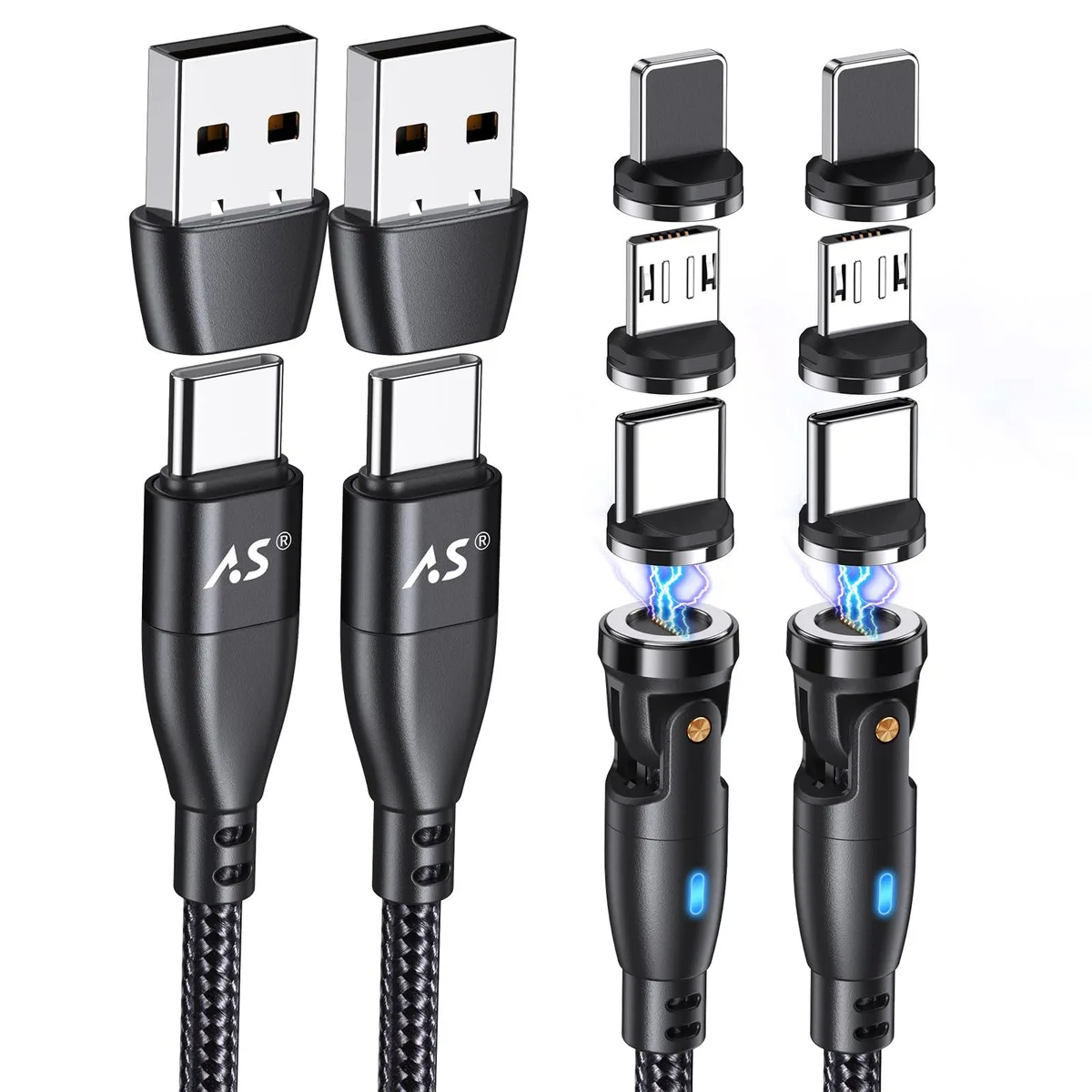Short black USB-C magnetic cable with 540-degree rotating connector, .5 ft length