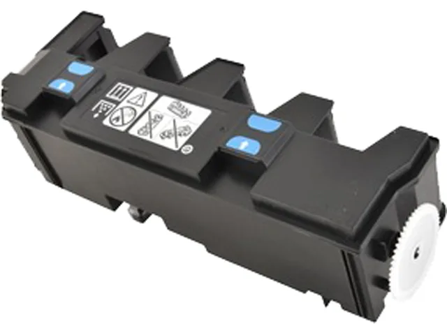 Rectangular white plastic waste toner box with black lid and green handle