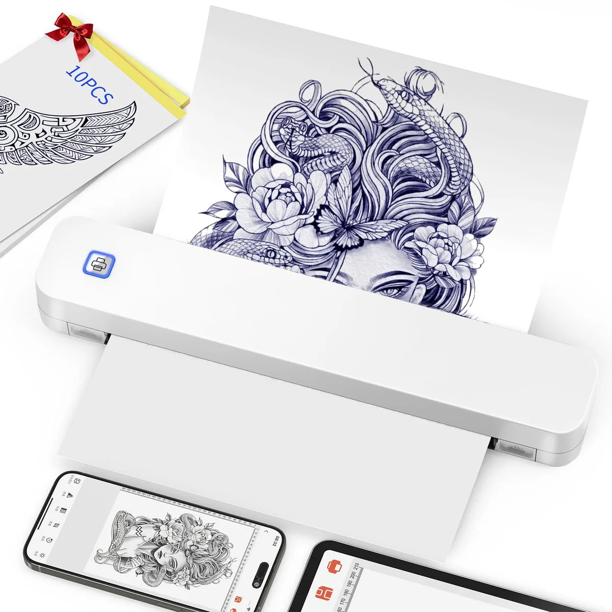 Compact white thermal label printer with Bluetooth, 11.9 x 2.1 x 1.6 in