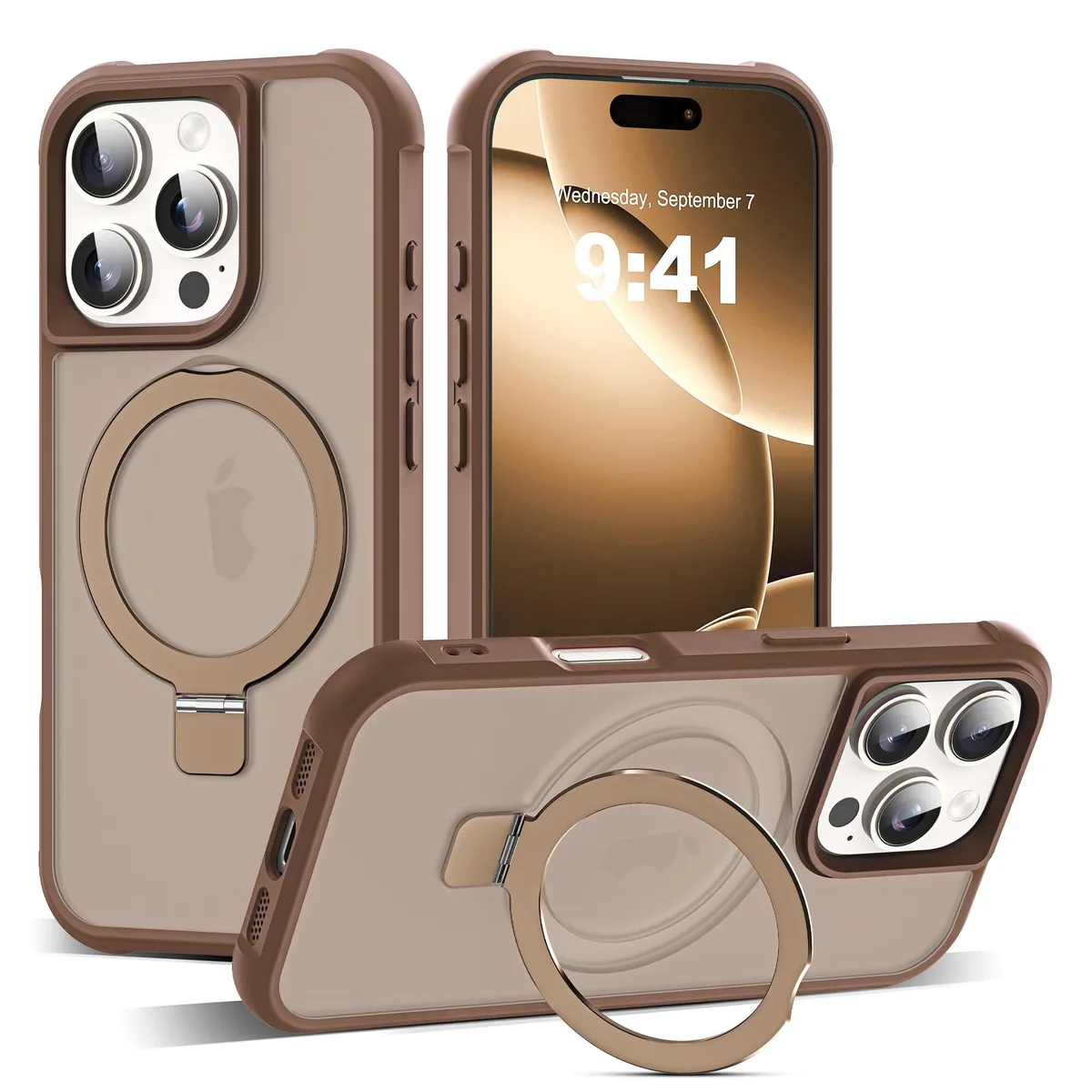Translucent brown iPhone 16 Pro case with magnetic O-ring stand visible