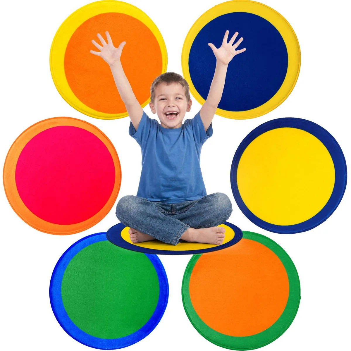 Six round 16-inch polyester rugs in bright colours, padded with foam backing