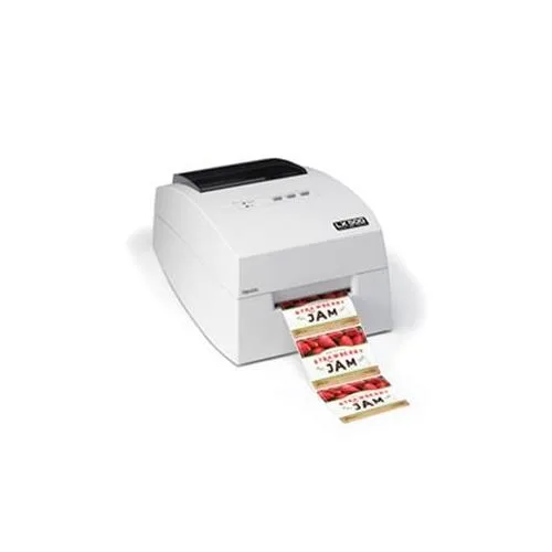 Compact desktop colour inkjet label printer, matte light-grey finish, front output slot