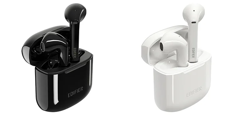 White true wireless earbuds in a matching charging case, half-in-ear design with glossy finish
