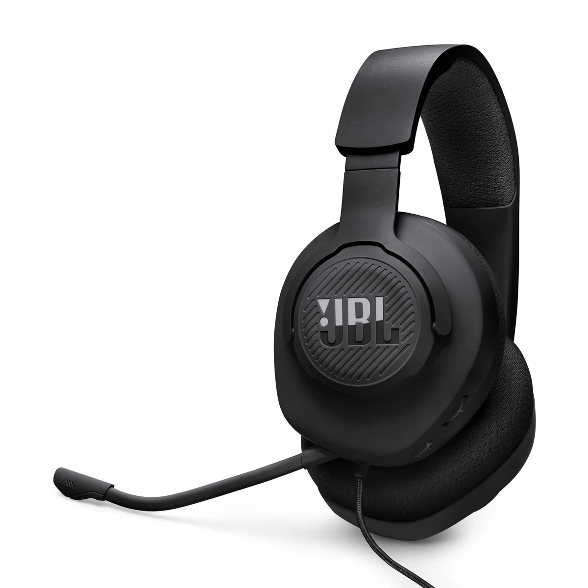 Black wired over-ear gaming headset with detachable boom mic and fabric ear cushions