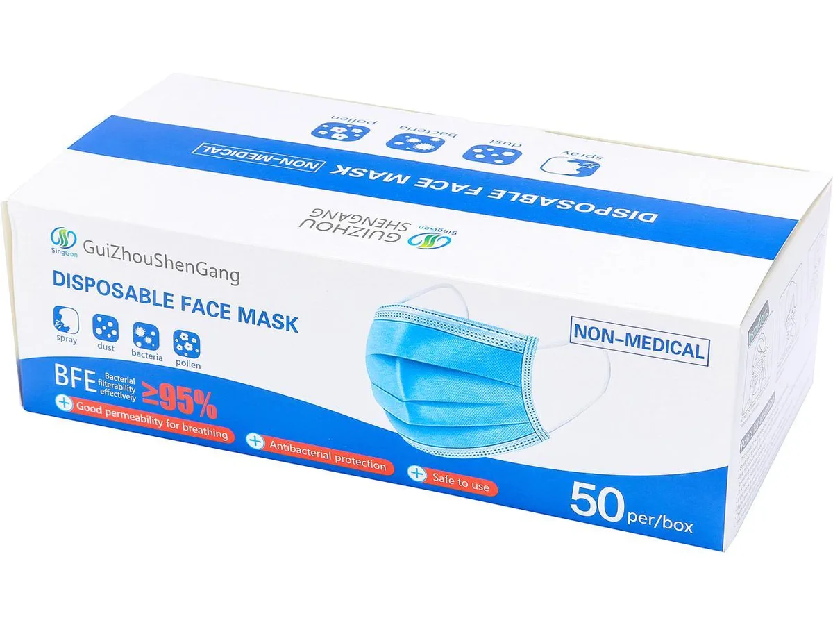 Box of 50 disposable blue and white face masks