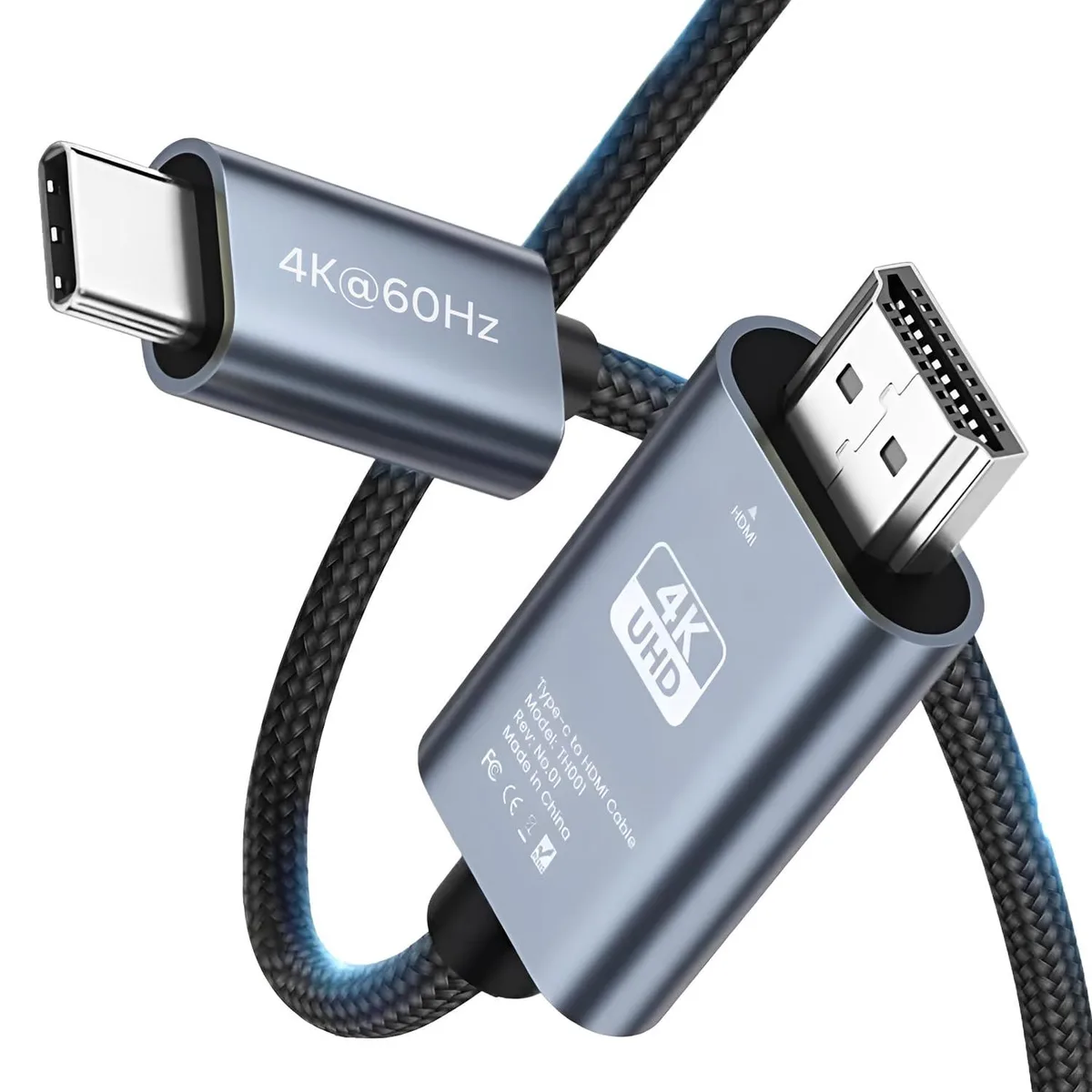 Braided USB-C to HDMI cable, 6.6ft, nylon construction, male-to-female connectors