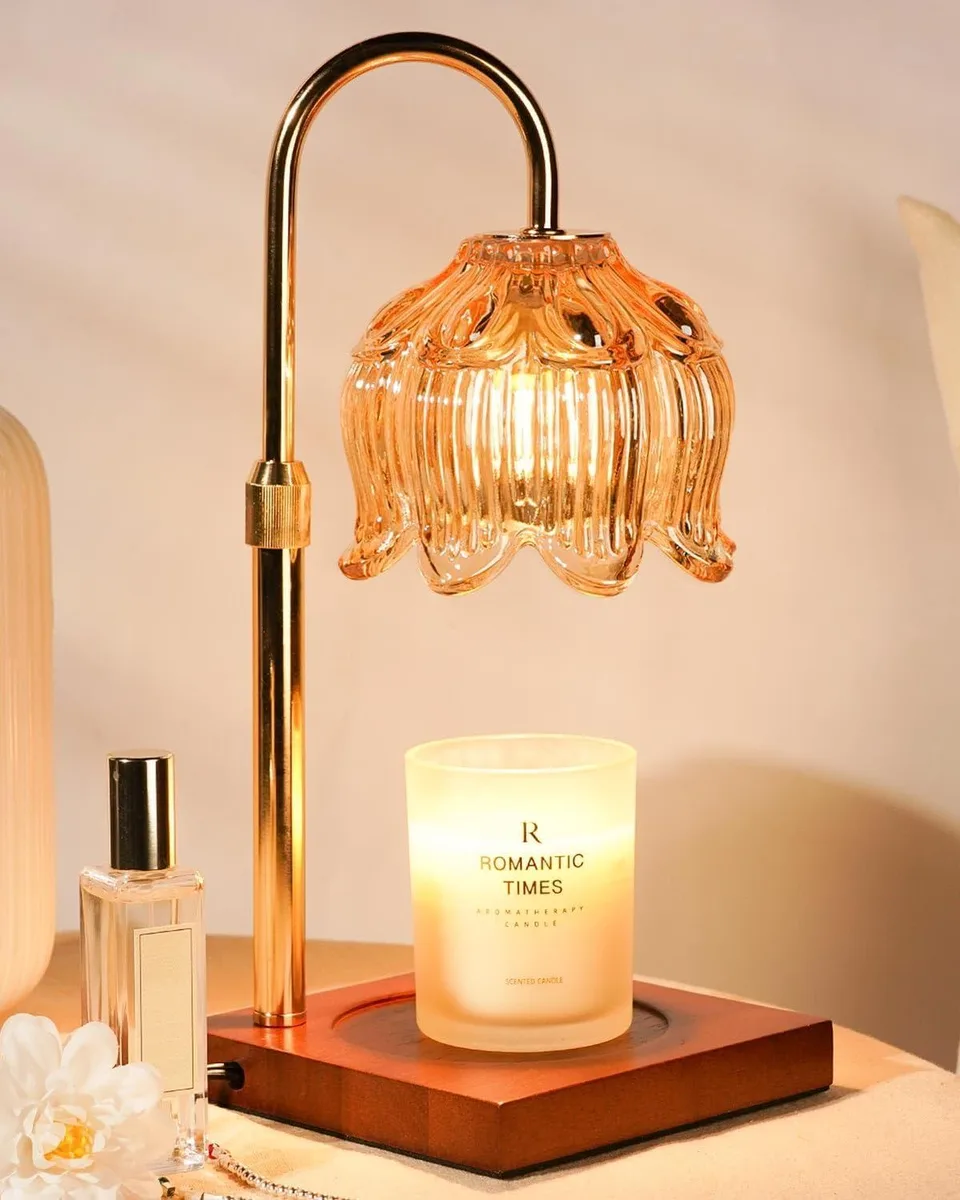 Floor candle warmer lamp with adjustable metal arm, wooden base, and remote control