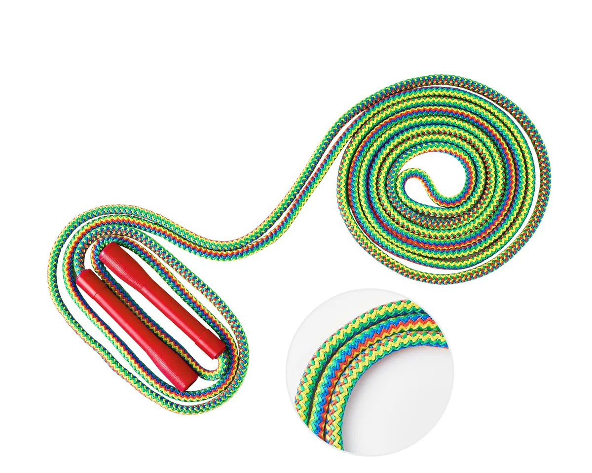 Rainbow braided 20ft jump rope with red green blue handles