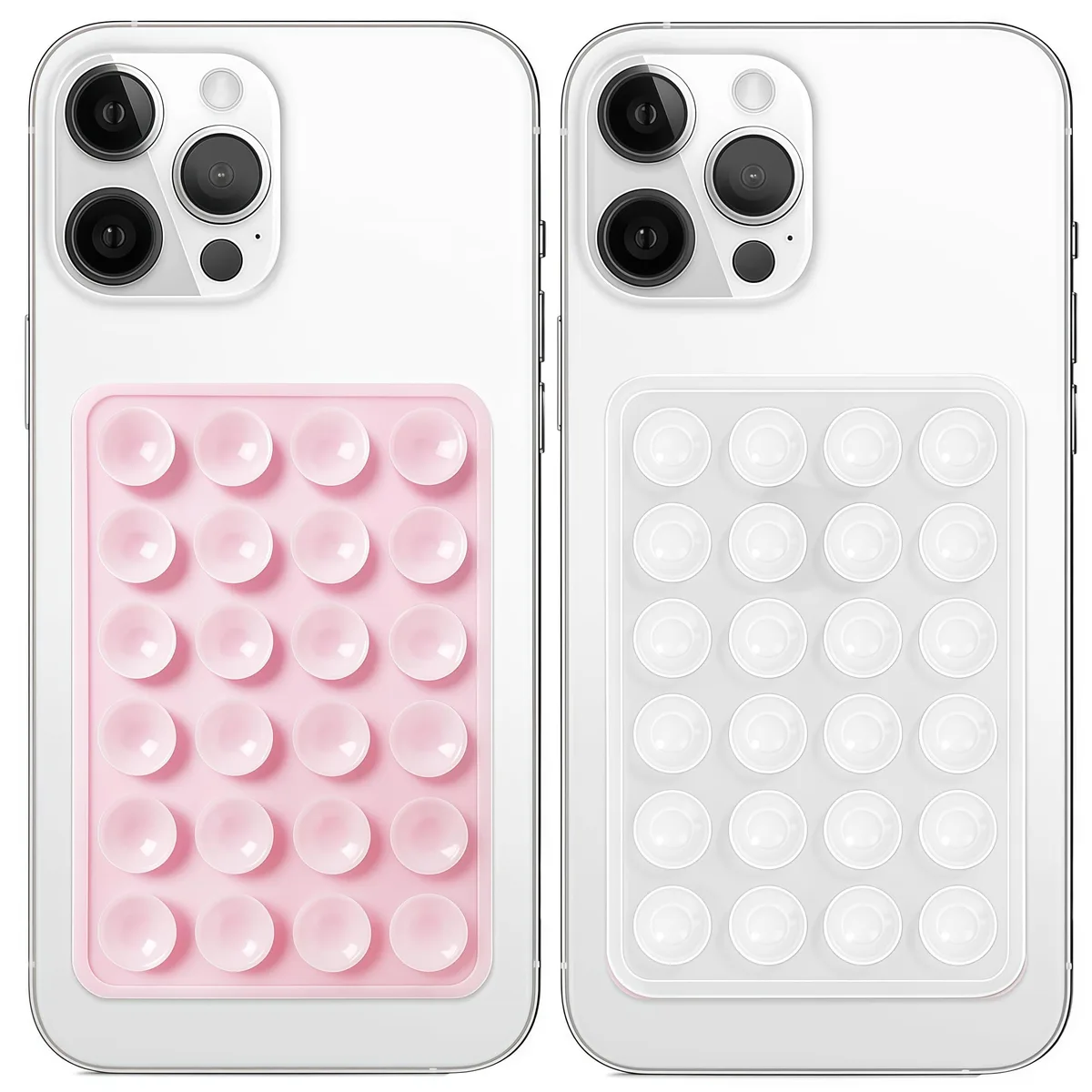 Two translucent and light-pink silicone suction mounts with multiple suction cups