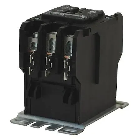 Rectangular grey electrical contactor with terminal screws and mounting tabs