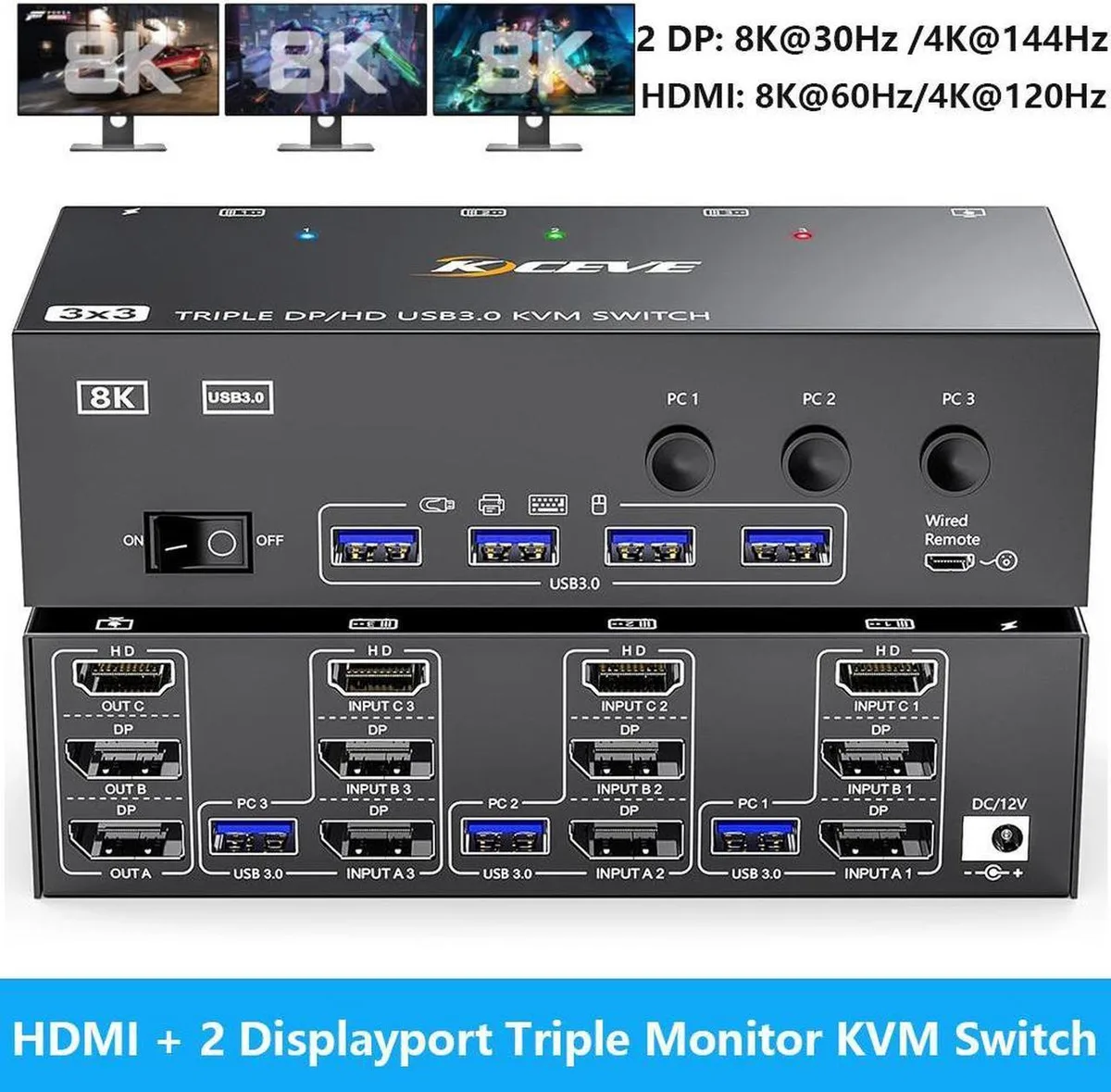 Vszerda Vszerda KVM Switch 3 Monitors 3 Computers HDMI 2 DisplayPort 4 USB 3.0 8K@60Hz 4K@144Hz Wired Remote — product photo