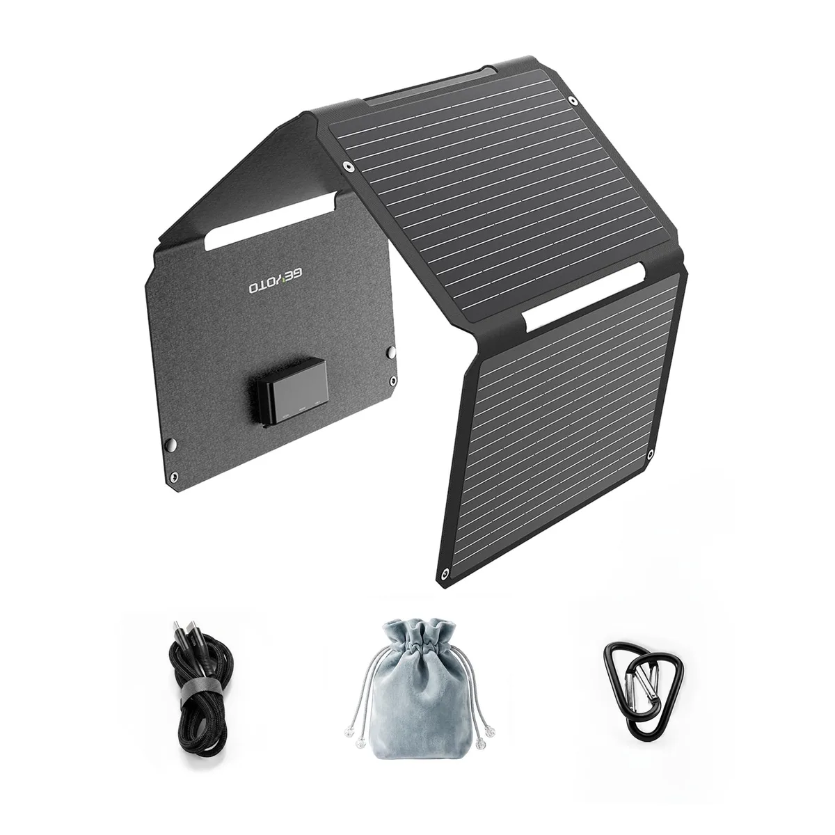 Foldable 45W solar panel, dark cells, fabric back, carabiners attached