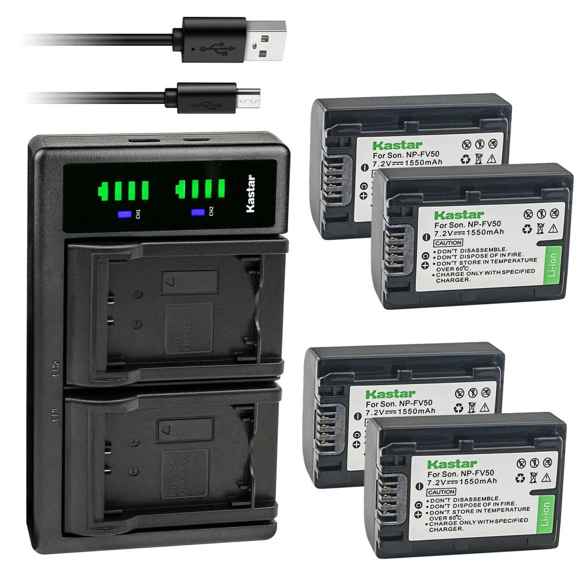 Kastar Kastar NP-FV50 4-pack battery and LTD2 USB charger — product photo