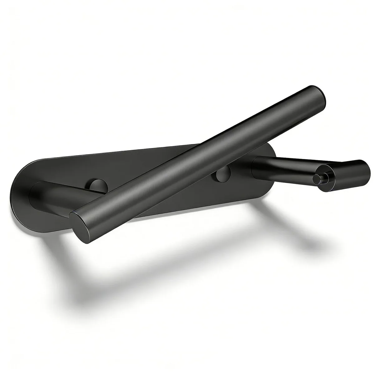 Matte black stainless steel wall-mounted toilet paper holder with double pivoting posts