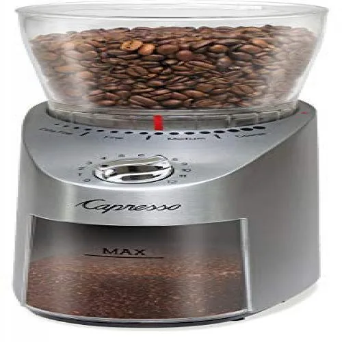 Conical burr coffee grinder with matte finish and bean hopper