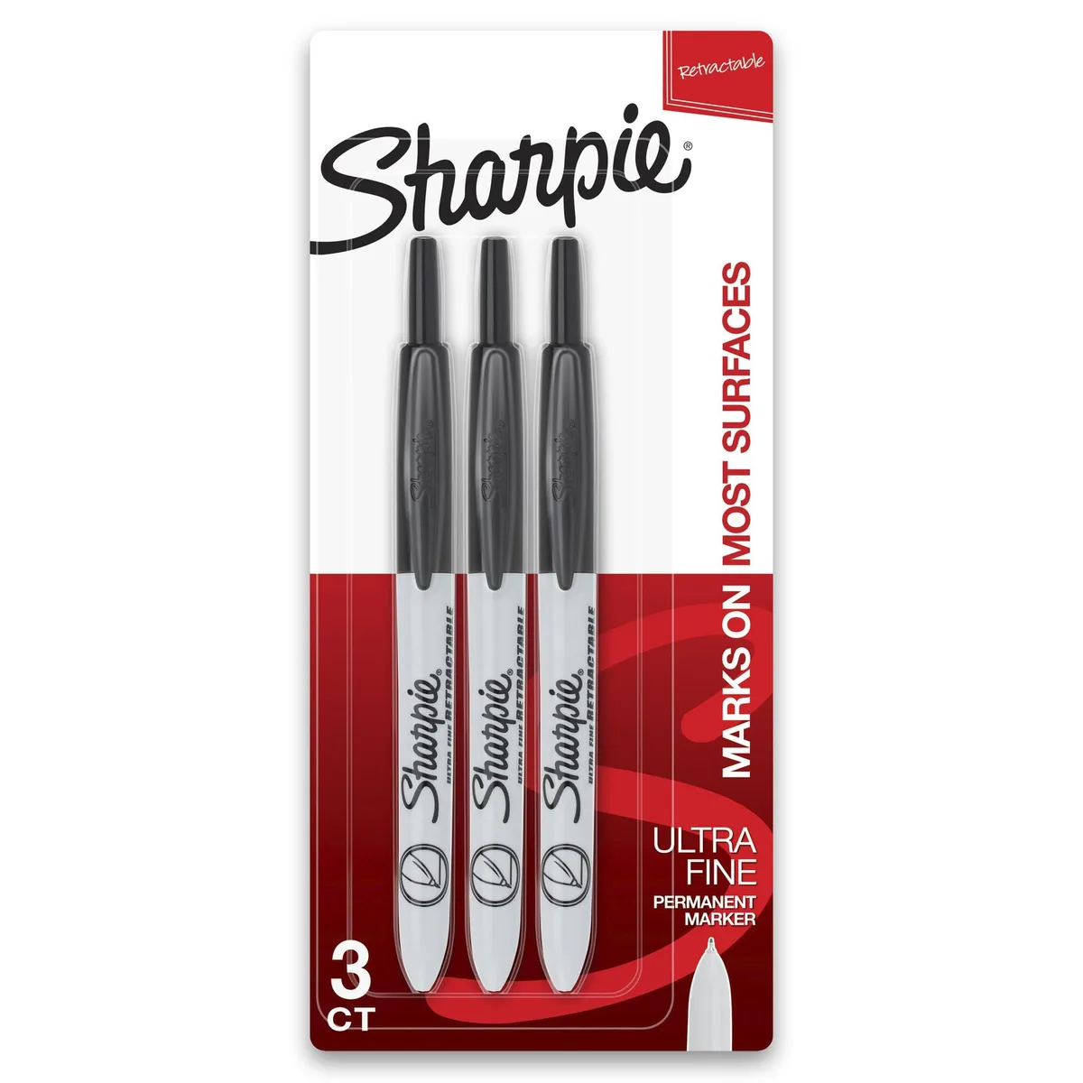 Three black retractable ultra-fine point permanent markers
