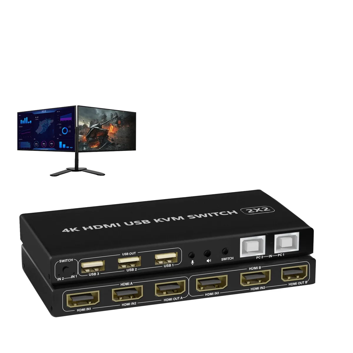 BUCIER BUCIER KM202A-B-H KVM Switch 2 Port 4K@60Hz Dual Monitor Toggle Switch ON-NONE-ON Black — product photo