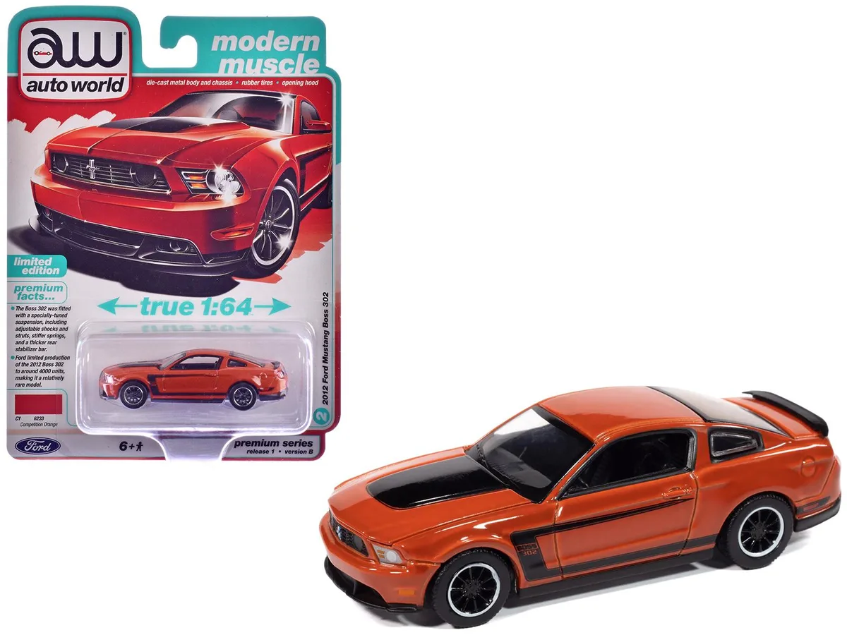 auto world Auto World 2012 Ford Mustang Boss 302 Competition Orange Black Accents 1/64 Diecast — product photo