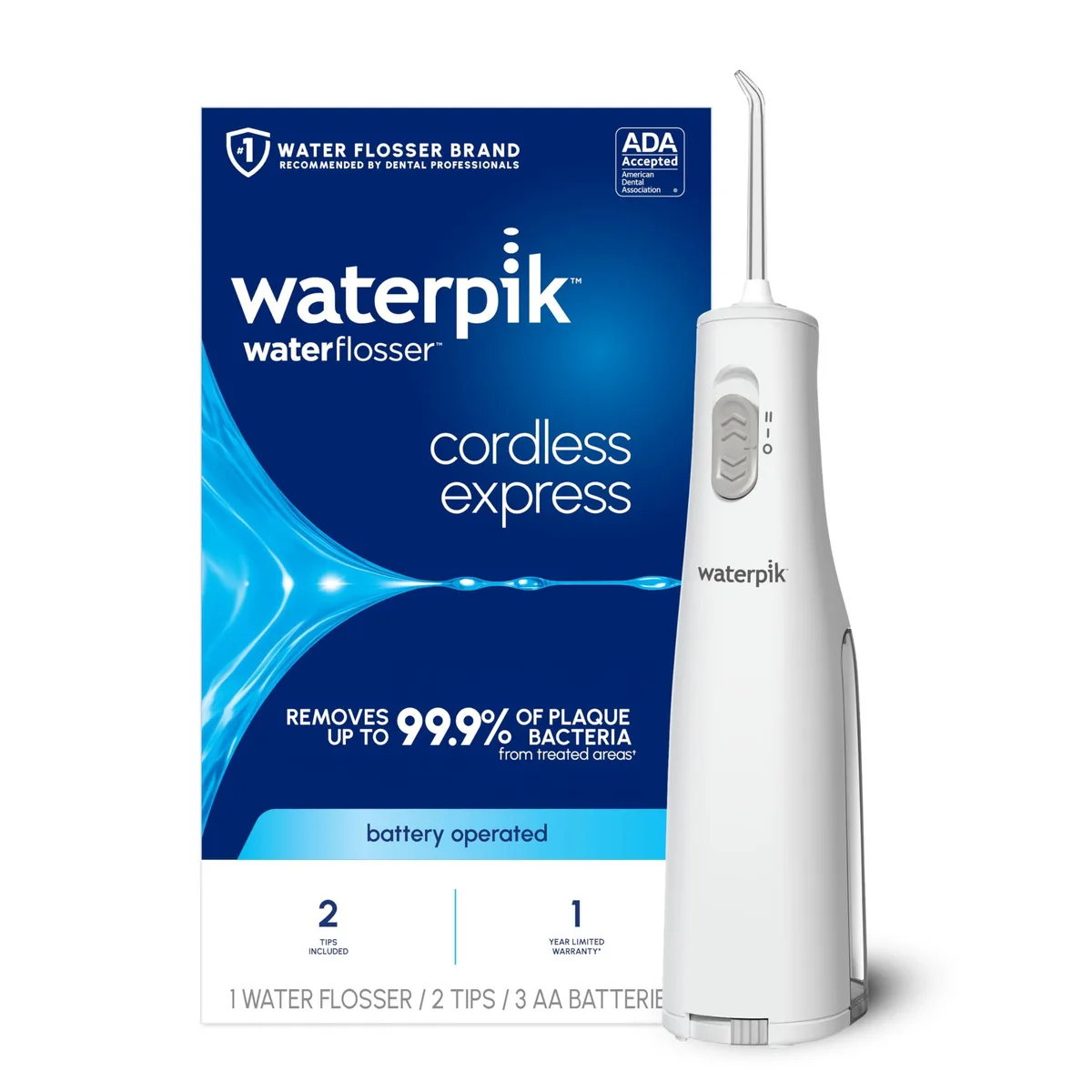 White cordless water flosser with removable reservoir and two flossing tips