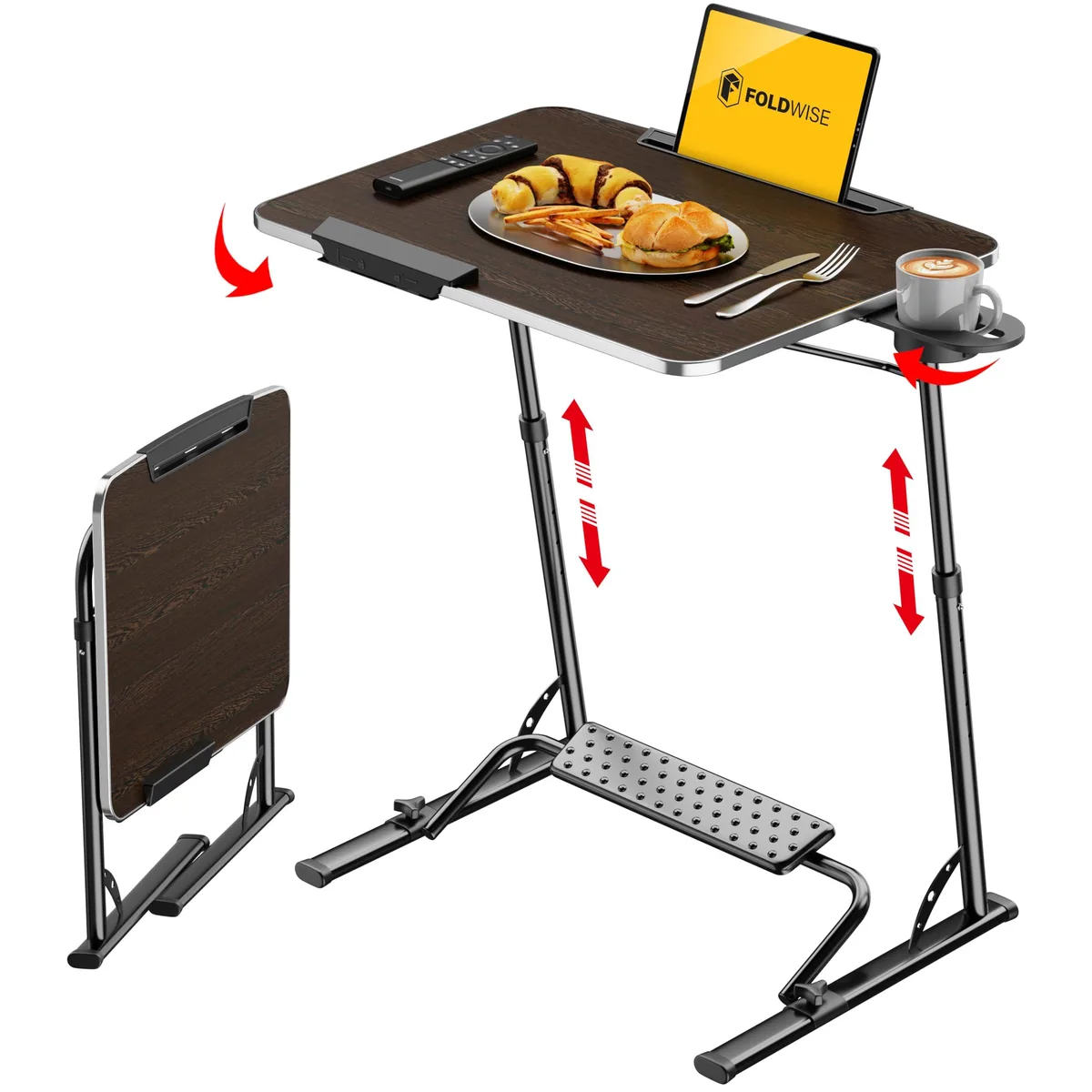 Black foldable laptop table with adjustable legs, built-in cup holder, tablet slot, footrest and edge stopper