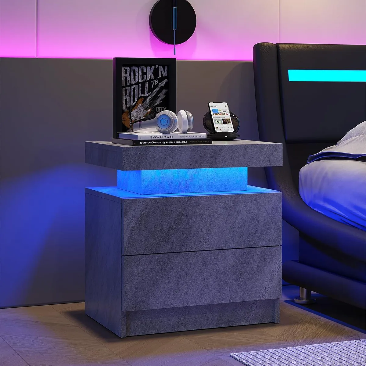 tuphen tuphen LED Nightstand 2 Drawers Deep Gray Bedroom Set — product photo