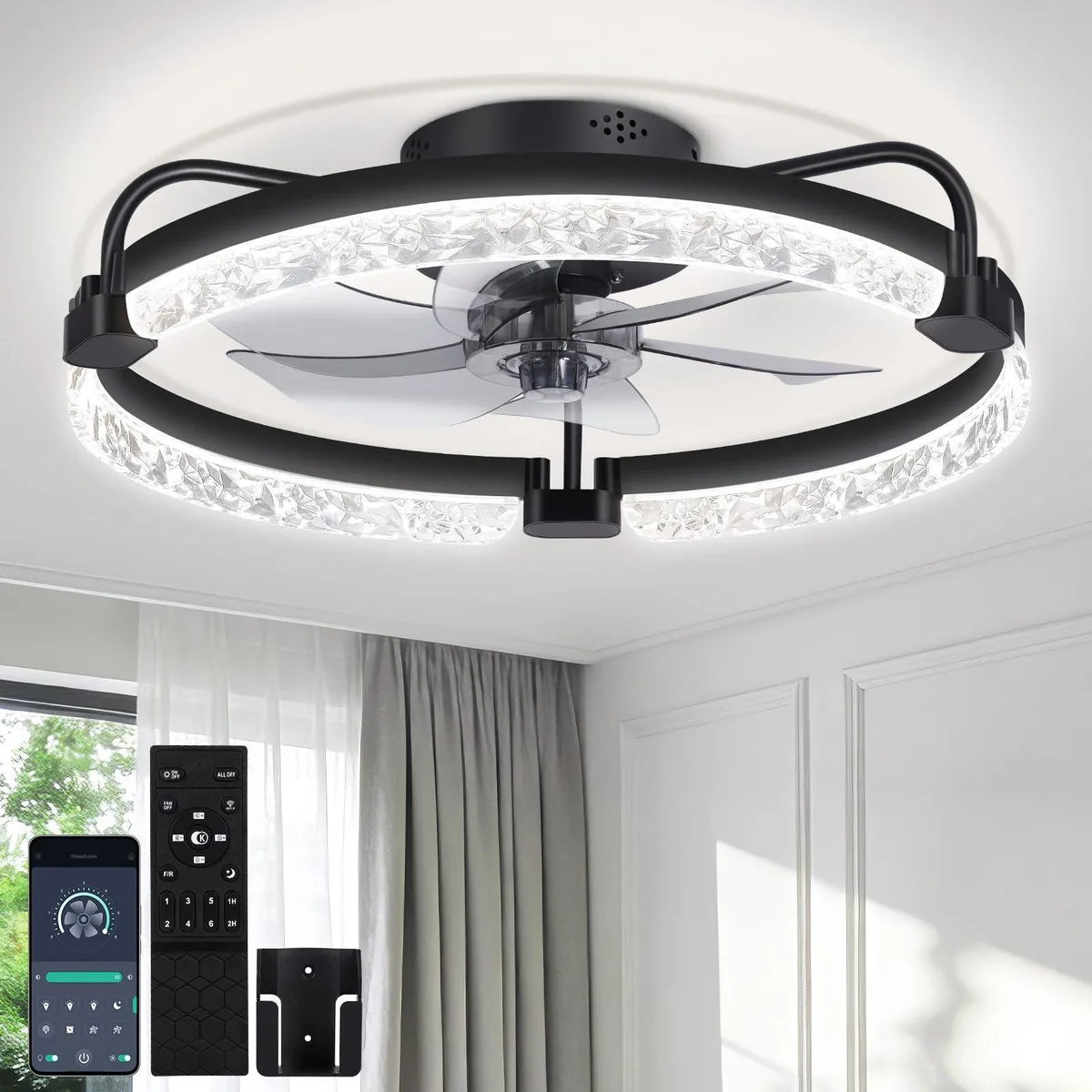  OUTON 20" Matte Black Ceiling Fan with Light, Remote &amp; App Control — product photo