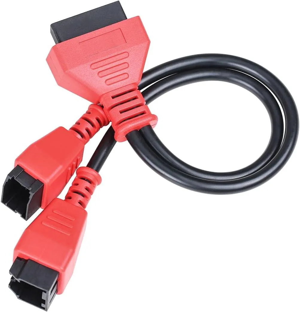A black 12+8 pin OBD2 diagnostic cable with a rectangular connector and textured housing