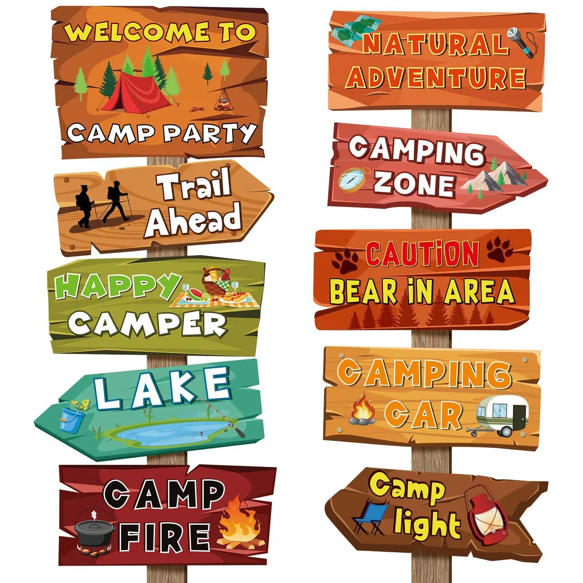Twenty cardstock camping signs in assorted arrow shapes and bright multi colours