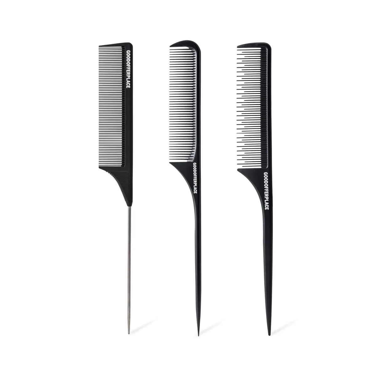 Three black plastic rat-tail combs with fine teeth and long handles