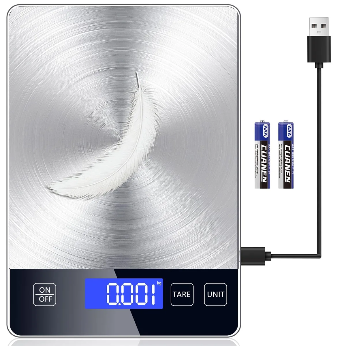 Rectangular digital kitchen scale with brushed stainless steel platform and LCD display