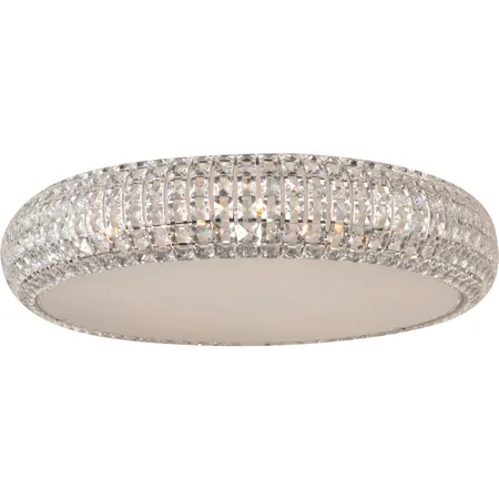 Polished chrome flush mount with crystal-covered orbs, 13 inches wide