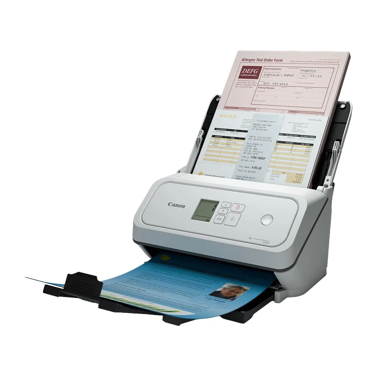 Compact Canon imageFORMULA R40II flatbed scanner with foldable feed tray