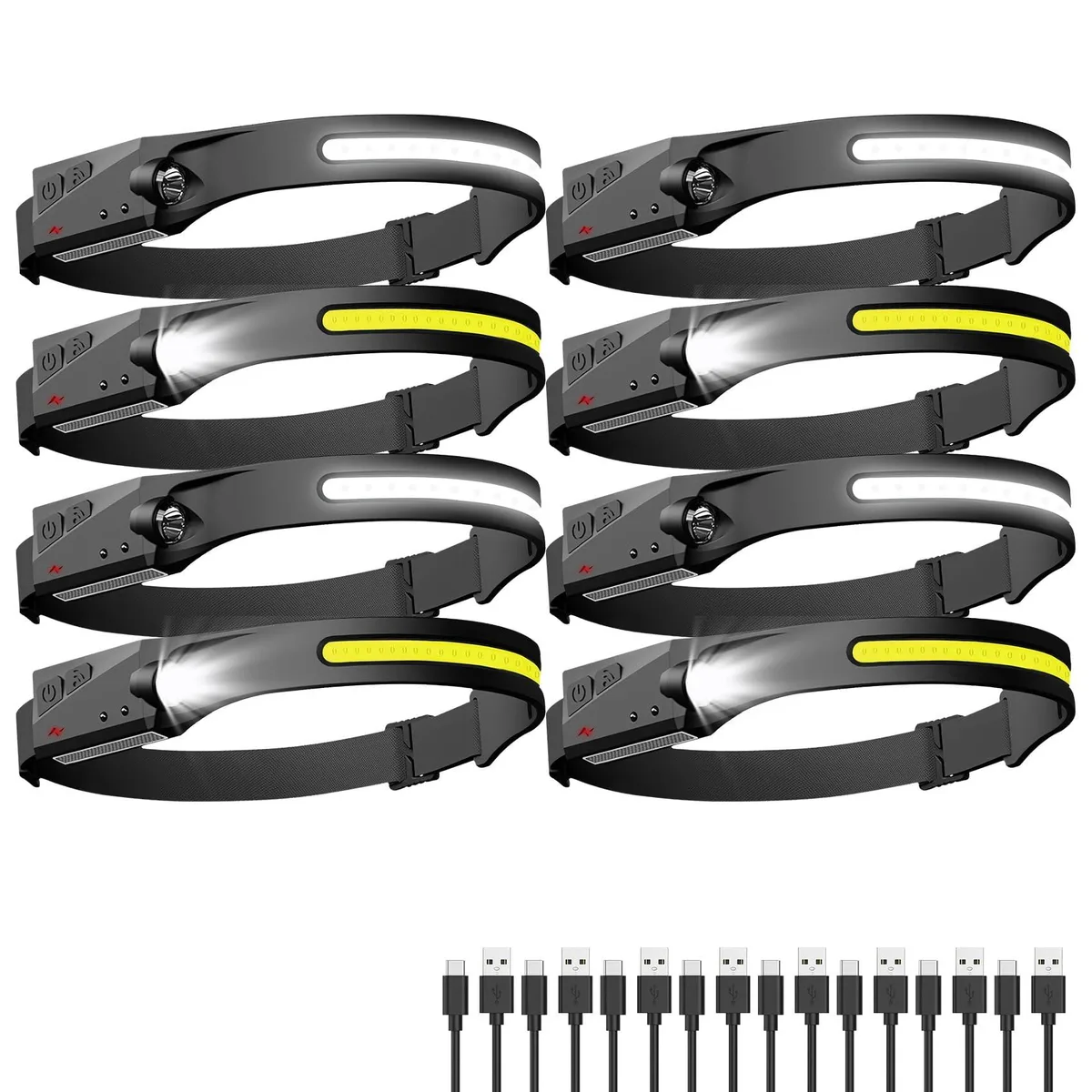 Eight rechargeable headlamps with wide COB beam and adjustable straps