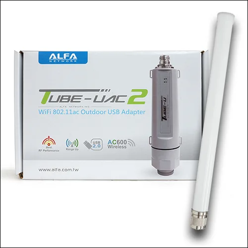 ALFA ALFA Tube-UAC2 AC600 dual-band USB adapter with 9 dBi omni antenna — product photo